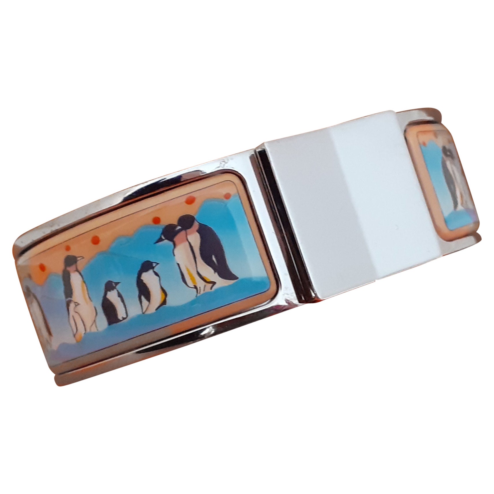 Hermès Clic Clac Enamel Printed Bracelet Penguins on Pack Ice Phw GM