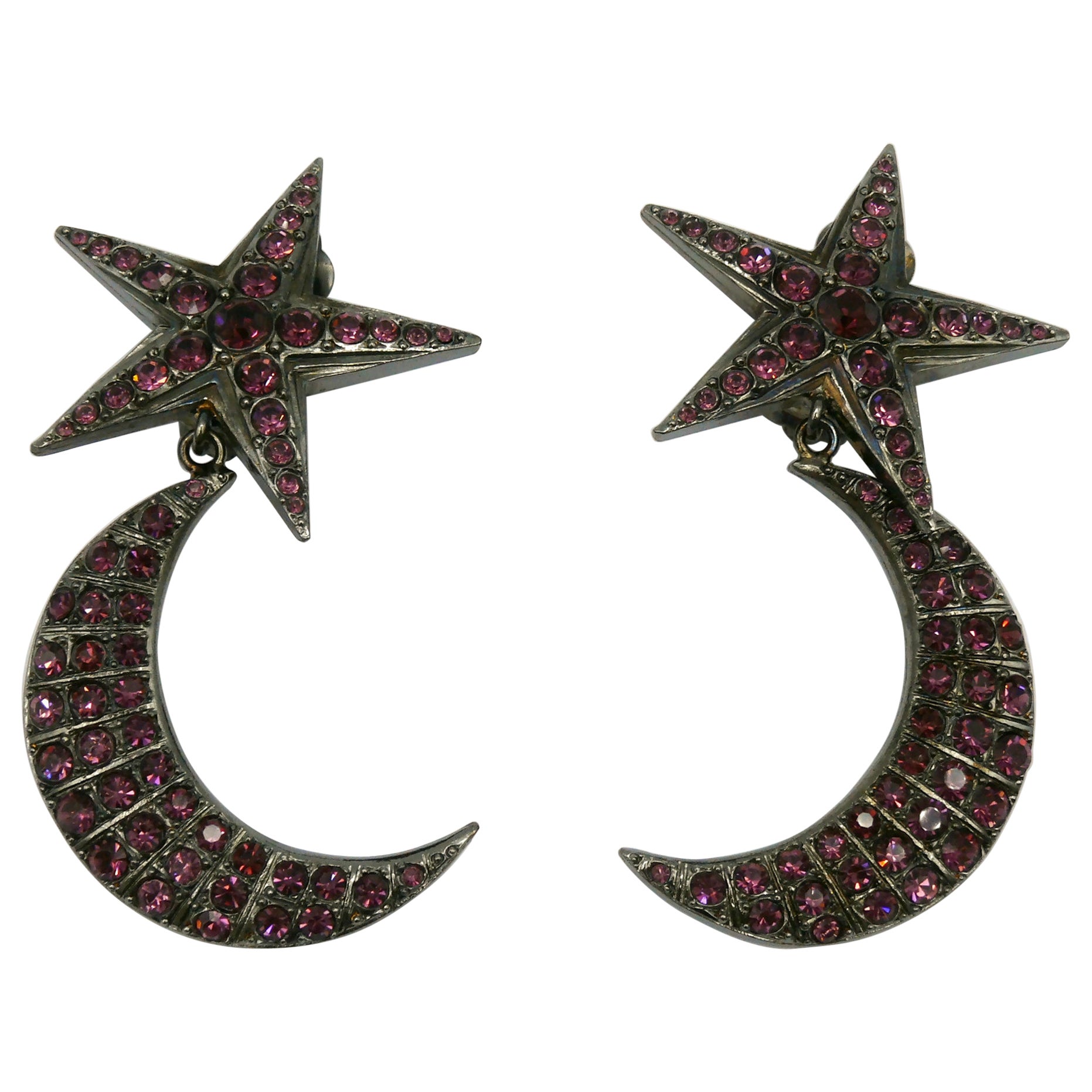 JEAN PAUL GAULTIER Vintage Jewelled Star and Crescent Moon Dangling Earrings For Sale