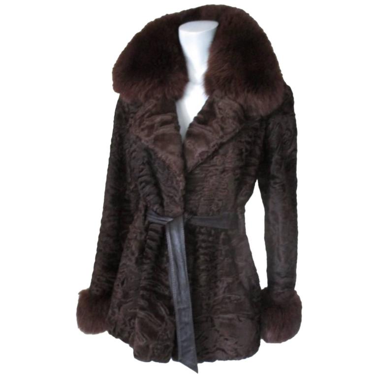 Brown swakara persian lamb fur jacket with fox details at 1stDibs