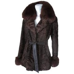 Brown swakara persian lamb fur jacket with fox details