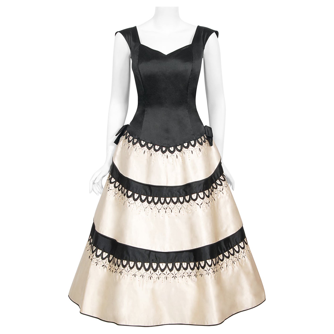 Vintage 1950's Emilio Schuberth Couture Black & Ivory Embroidered Satin Dress For Sale