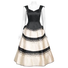 Vintage 1950's Emilio Schuberth Couture Black & Ivory Embroidered Satin Dress