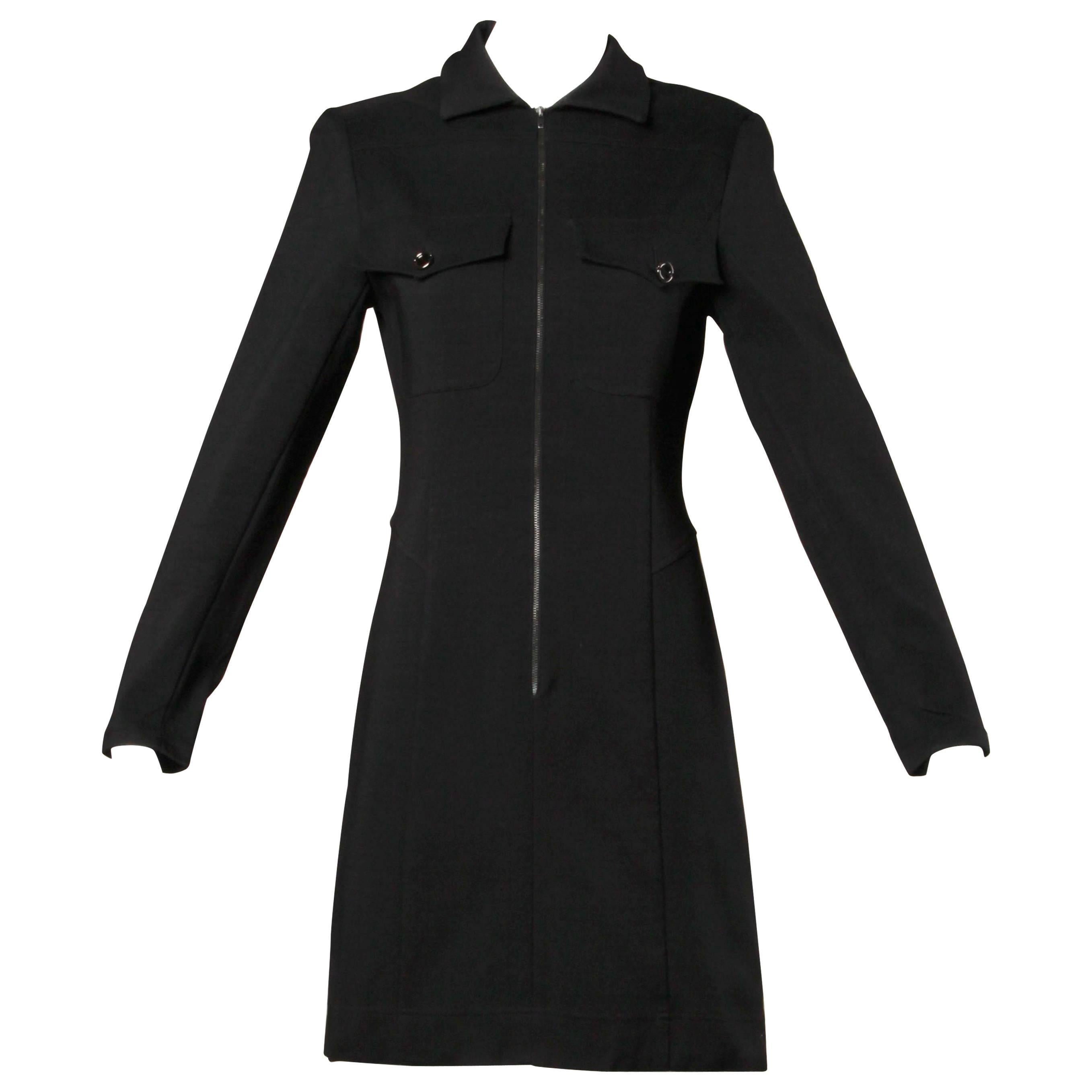 Claude Montana Vintage 90s Black Long Sleeve Zip Up Shirt Dress