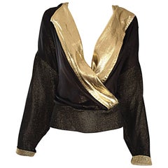 Gianfranco Ferre Vintage Black and Gold Silk Lame Knit Plunging Blouse Top