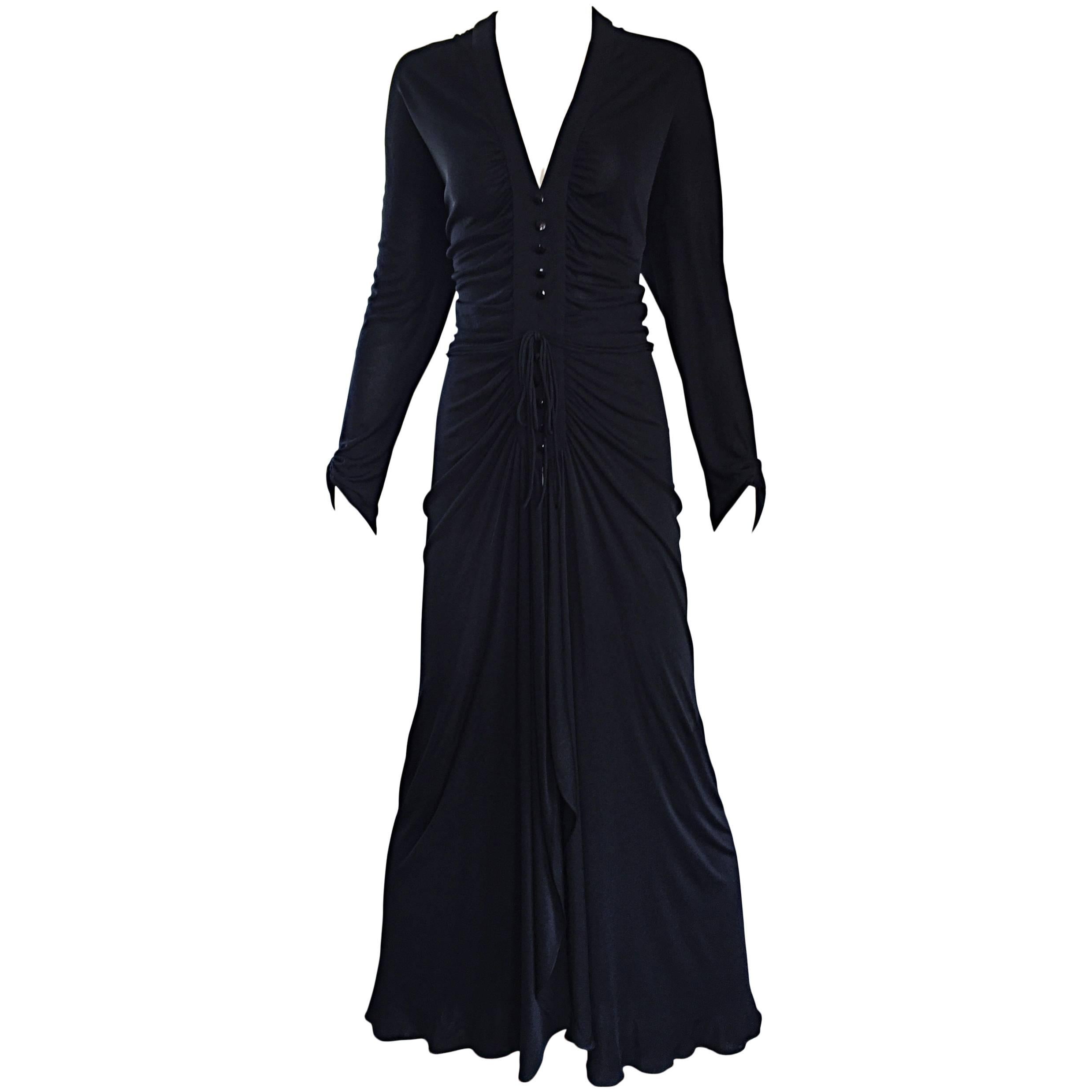 Nina Ricci Vintage 1970s Long Sleeve Jersey Grecian Inspired Black Disco Dress For Sale