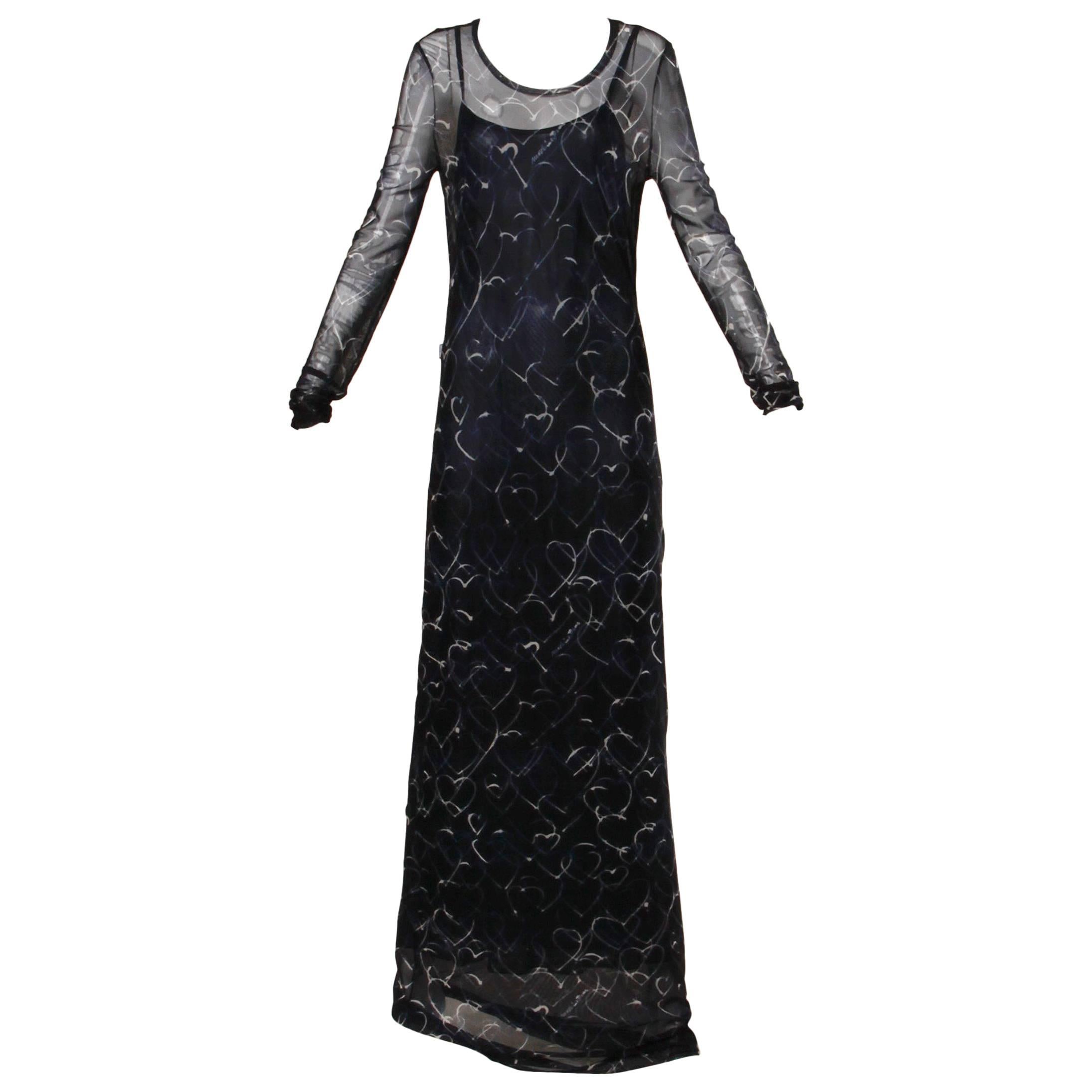 Moschino Vintage Navy Blue Hearts Print Mesh Maxi Dress  For Sale