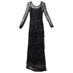 Moschino Retro Navy Blue Hearts Print Mesh Maxi Dress 