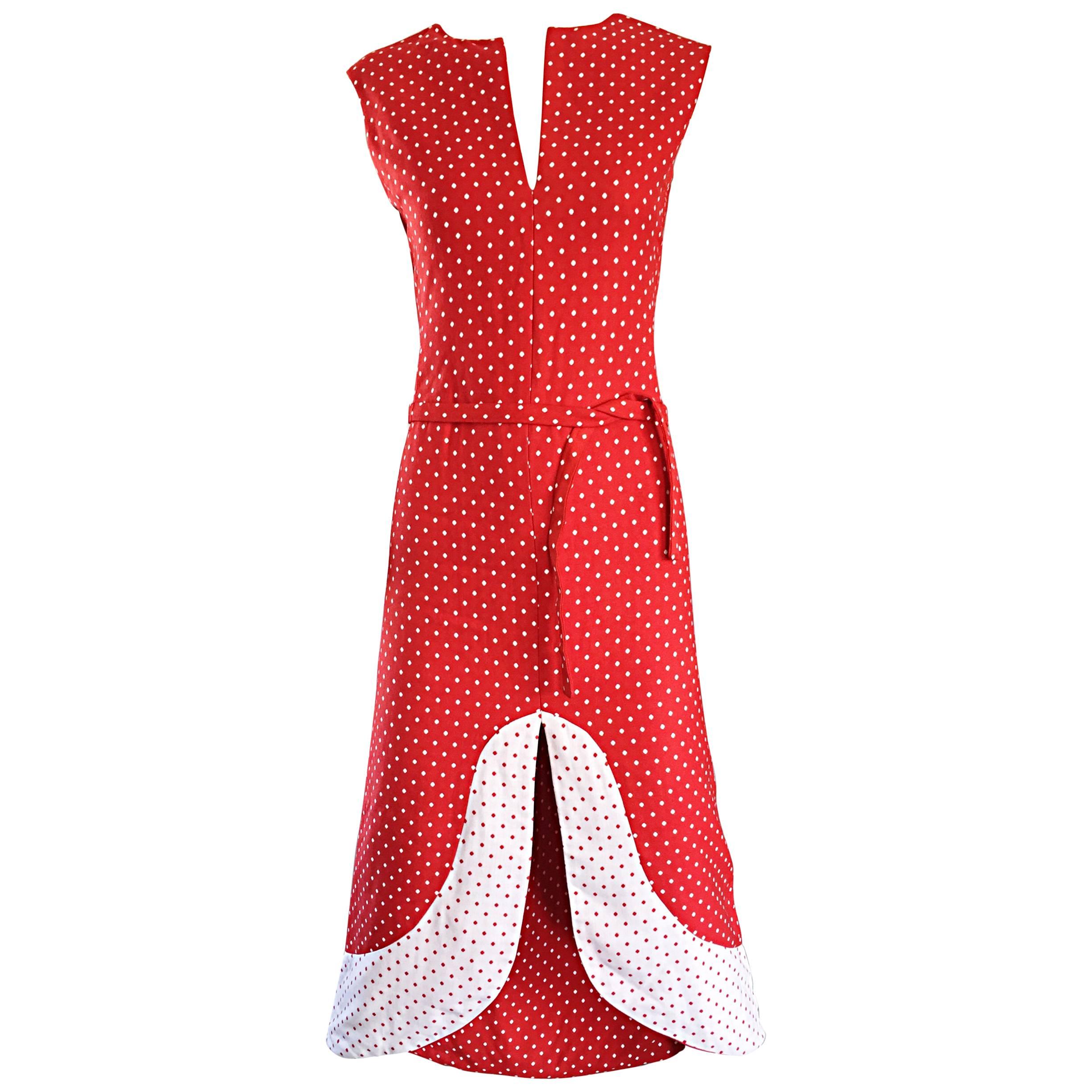 1960s Pierre Cardin Couture Vintage Space Age Red White Polka Dot Cut Out Dress For Sale