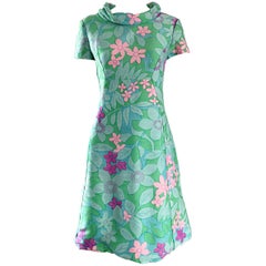 Chic Vintage Adele Simpson 1960s Pastel Flower Print Silk 60s A - Line Dress