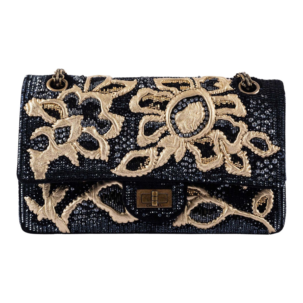 Chanel Reissue 2.55 Flap Bag Black Velvet Gold Sequins Embroidered