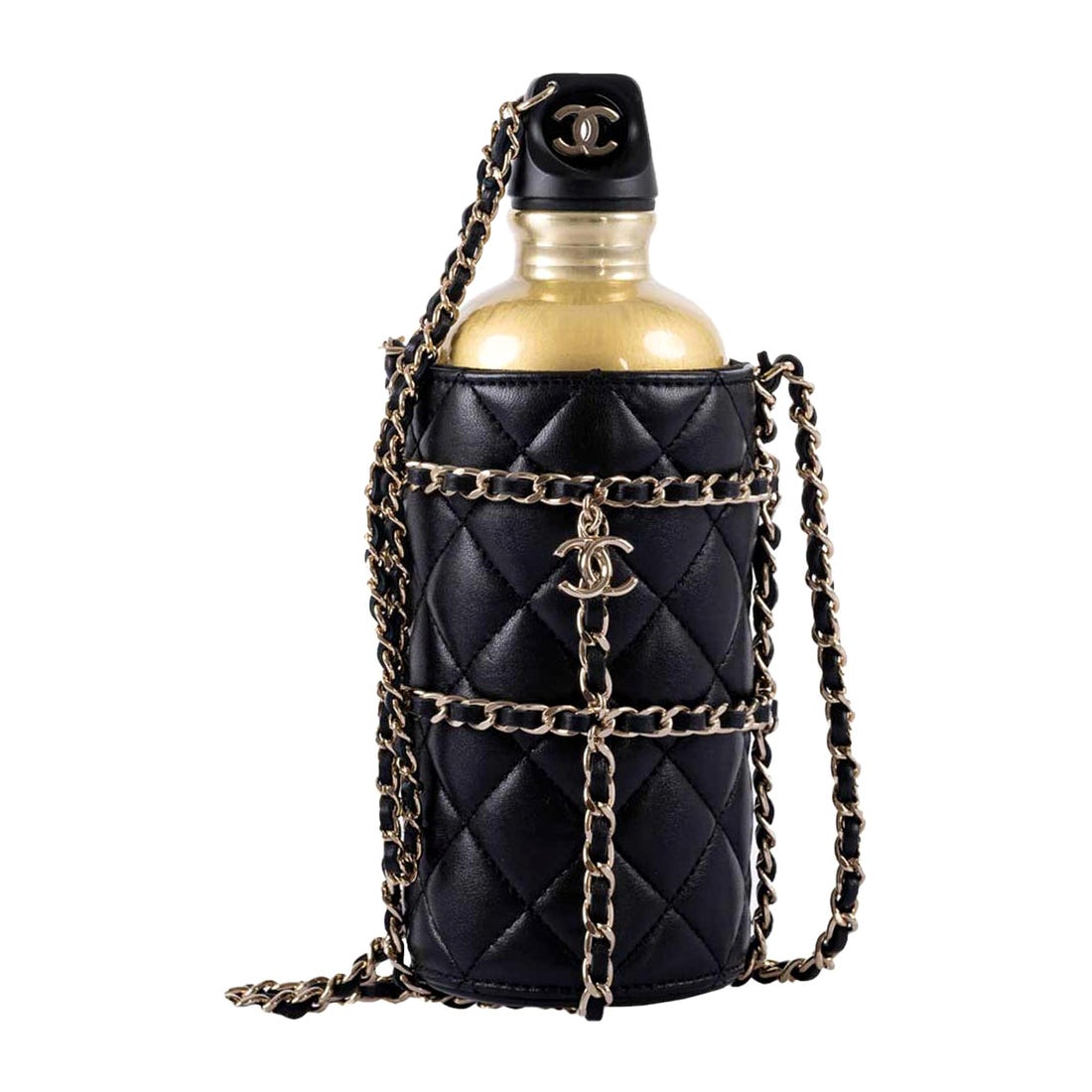 Chanel Black Quilted Lambskin CC Water Bottle Gold Hardware, 2020