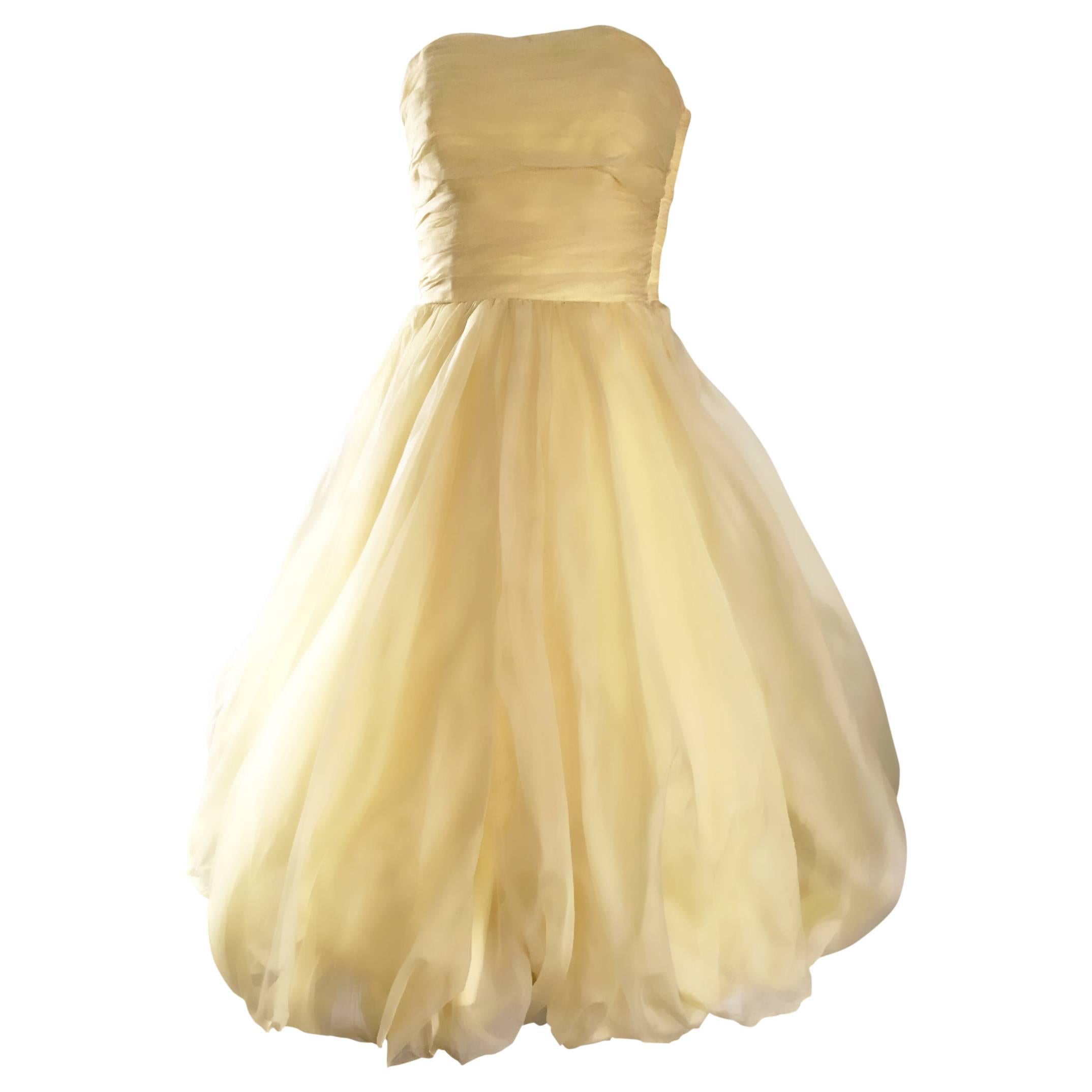 Vintage 1950s Lemon Pale Yellow Demi Couture Strapless Silk 50s Bubble Dress 