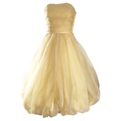Vintage 1950s Lemon Pale Yellow Demi Couture Strapless Silk 50s Bubble Dress 