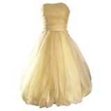 Vintage 1950s Lemon Pale Yellow Demi Couture Strapless Silk 50s Bubble Dress 