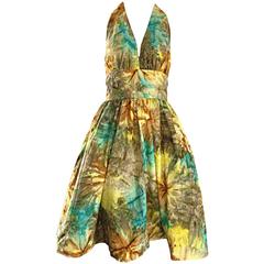 1950s Vintage Tie Dye Blue Yellow Brown Gray Fit n' Flare 50s Halter Dress