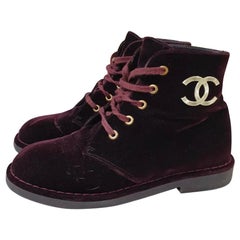 Chanel Burgundy Velvet CC Logo Lace Up Ankle Boots