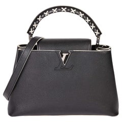 LOUIS VUITTON Black Taurillion Leather & White Stitch Capucines PM