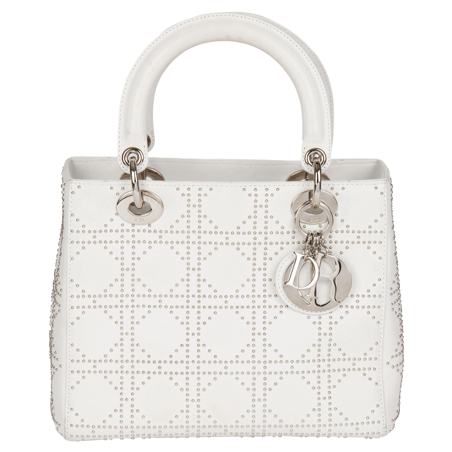 CHRISTIAN DIOR White Studded Calfskin Leather Medium Lady Dior For Sale