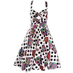 Retro Louis Feraud Black and White Polka Dot Tiki Fit and Flare Cut Out Dress