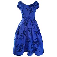 Demi Couture Vestido Vintage Abstracto de Flores de Seda Azul Real, Años 50