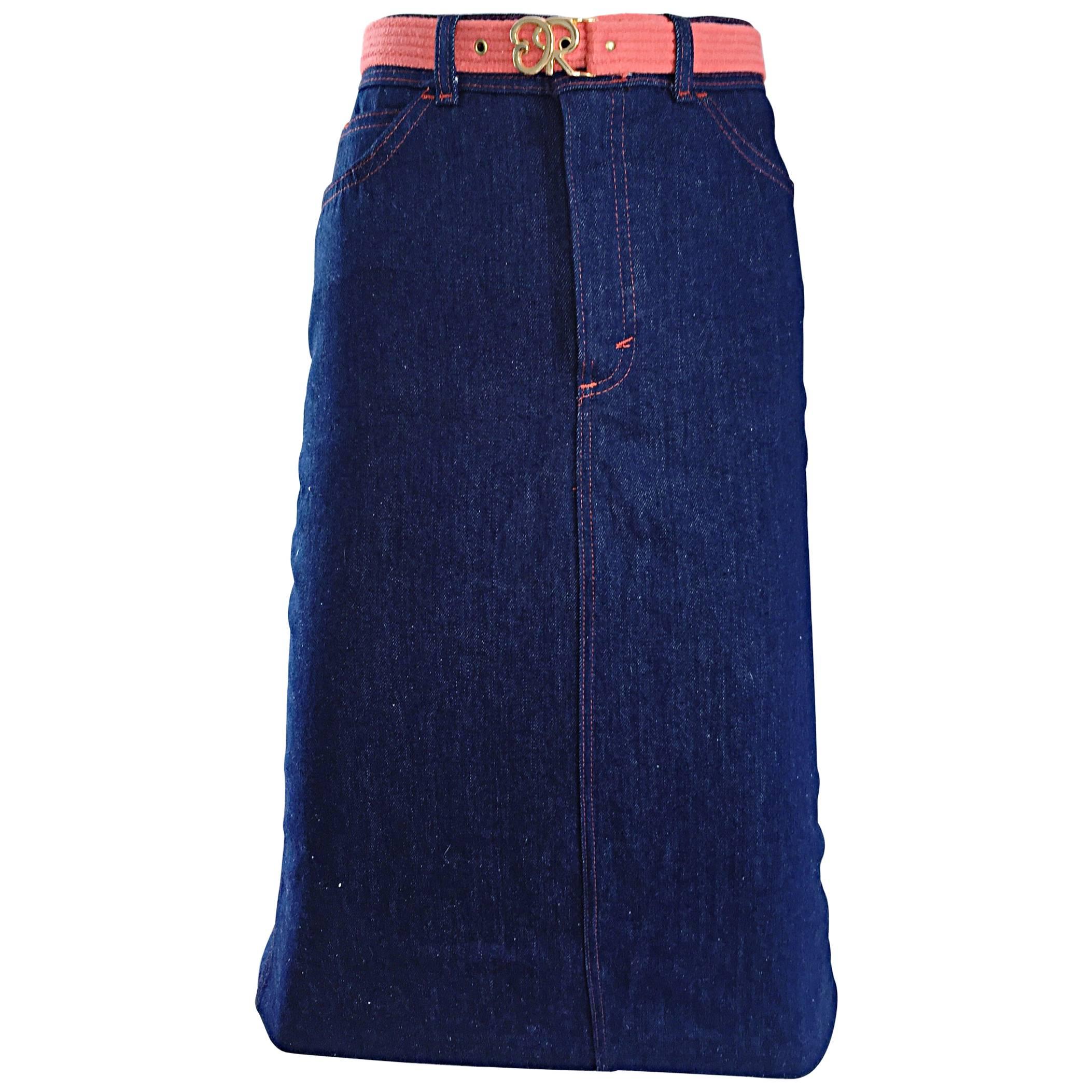 1970s Oscar de la Renta Deadstock Blue Jean Belted Vintage Denim Pencil Skirt For Sale