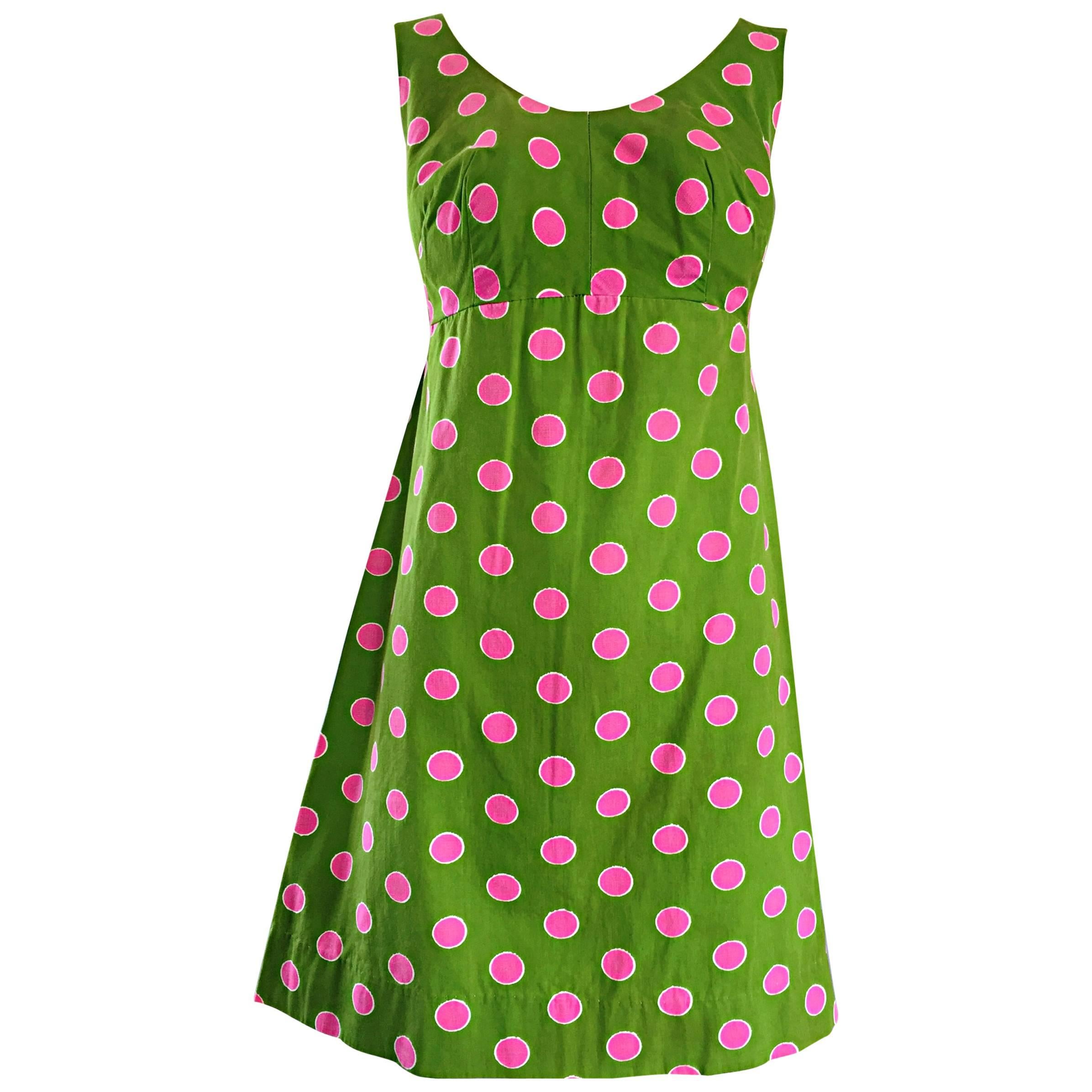 Adorable 1960s Lime Green und Rosa Polka Dot Vintage A - Linie 60s Baumwollkleid