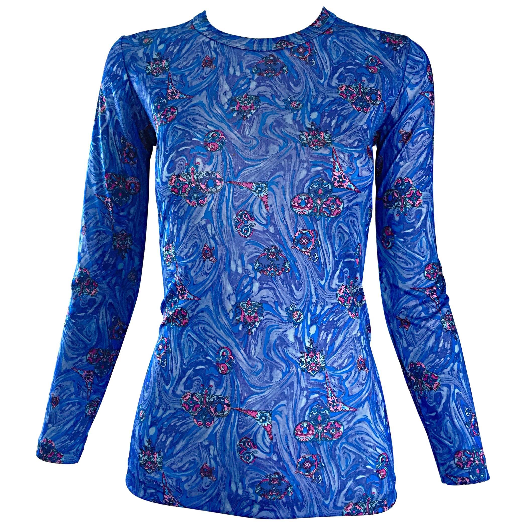 1970s Givenchy Vintage Fitted Jersey Blue Watercolor Swirls Blouse Top For Sale