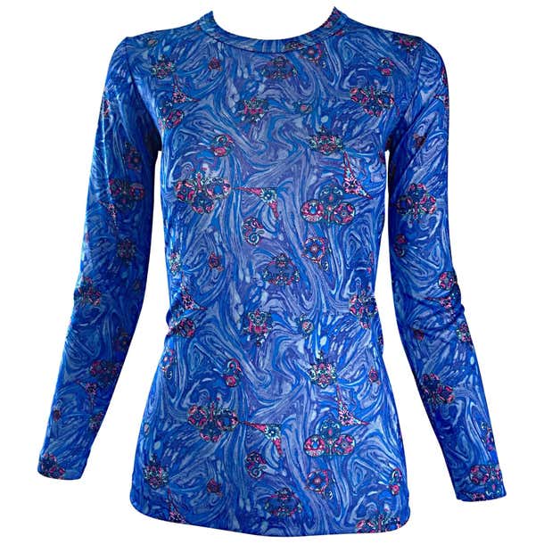 1970s Givenchy Vintage Fitted Jersey Blue Watercolor Swirls Blouse Top ...