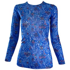 1970s Givenchy Vintage Fitted Jersey Blue Watercolor Swirls Blouse Top