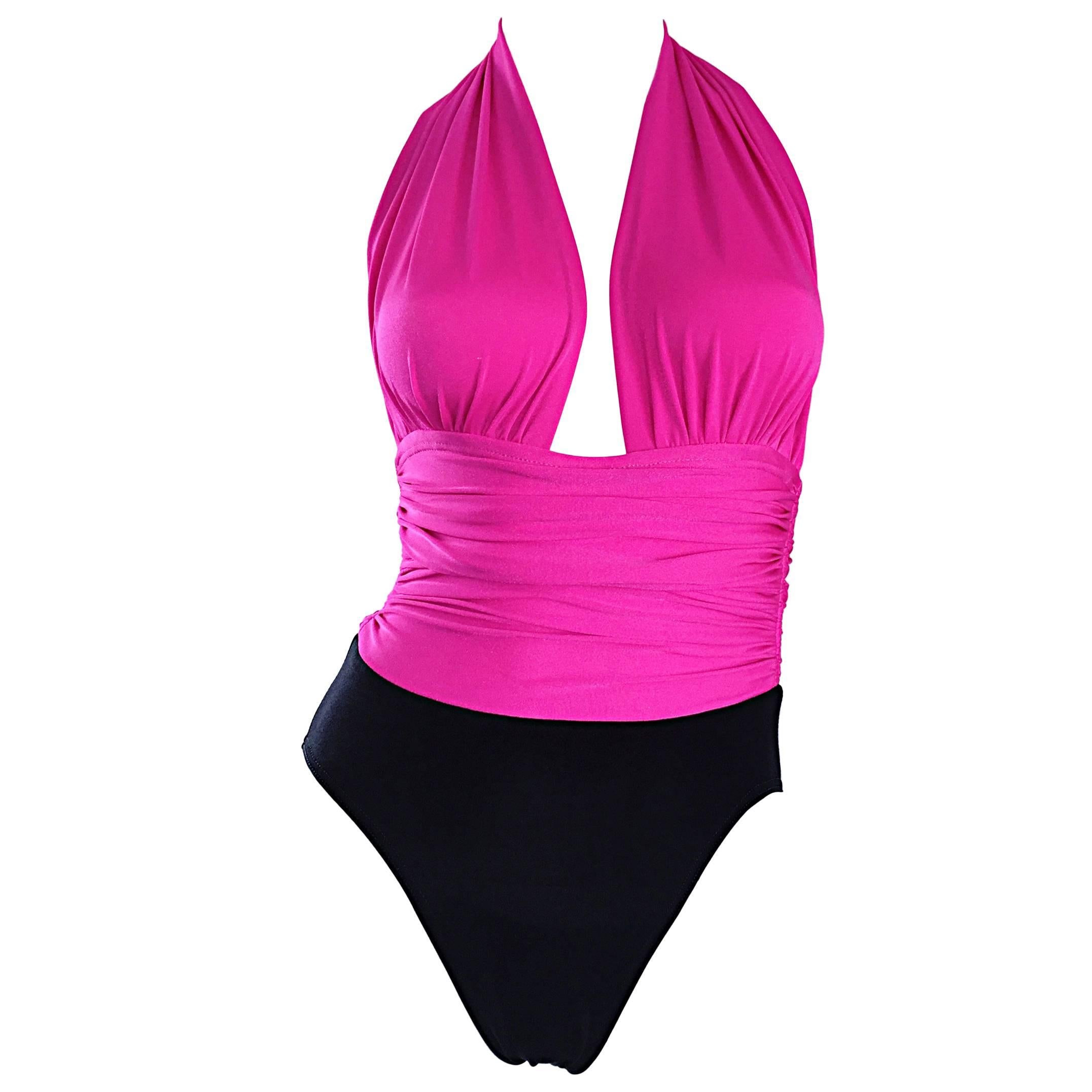 Yves Saint Laurent Vintage Hot Pink Fuchsia and Black Swimsuit Bodysuit, 1970s For Sale