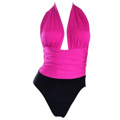 Yves Saint Laurent Costume da bagno vintage rosa caldo, fucsia e nero, anni '70