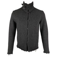 YVES SAINT LAURENT - Cardigan en laine anthracite à fermeture à crochet et à ourlet effiloché, taille S