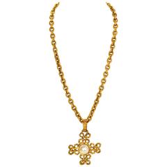 Chanel Filigree Necklace with Faul Pearl Cross Pendant
