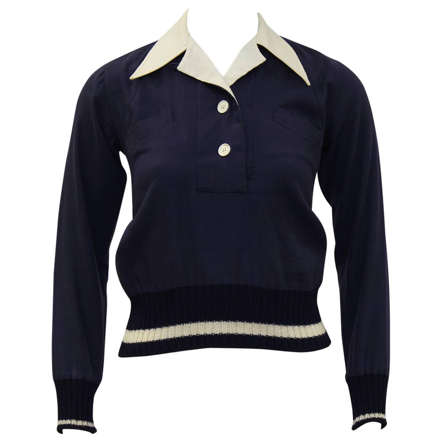 1970's Margaret Howell Navy Wool Gabardine Top 