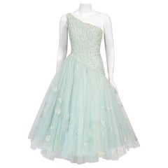 Vintage 1950's Edith Small Seafoam Blue Rhinestone Lace Tulle One-Shoulder Dress