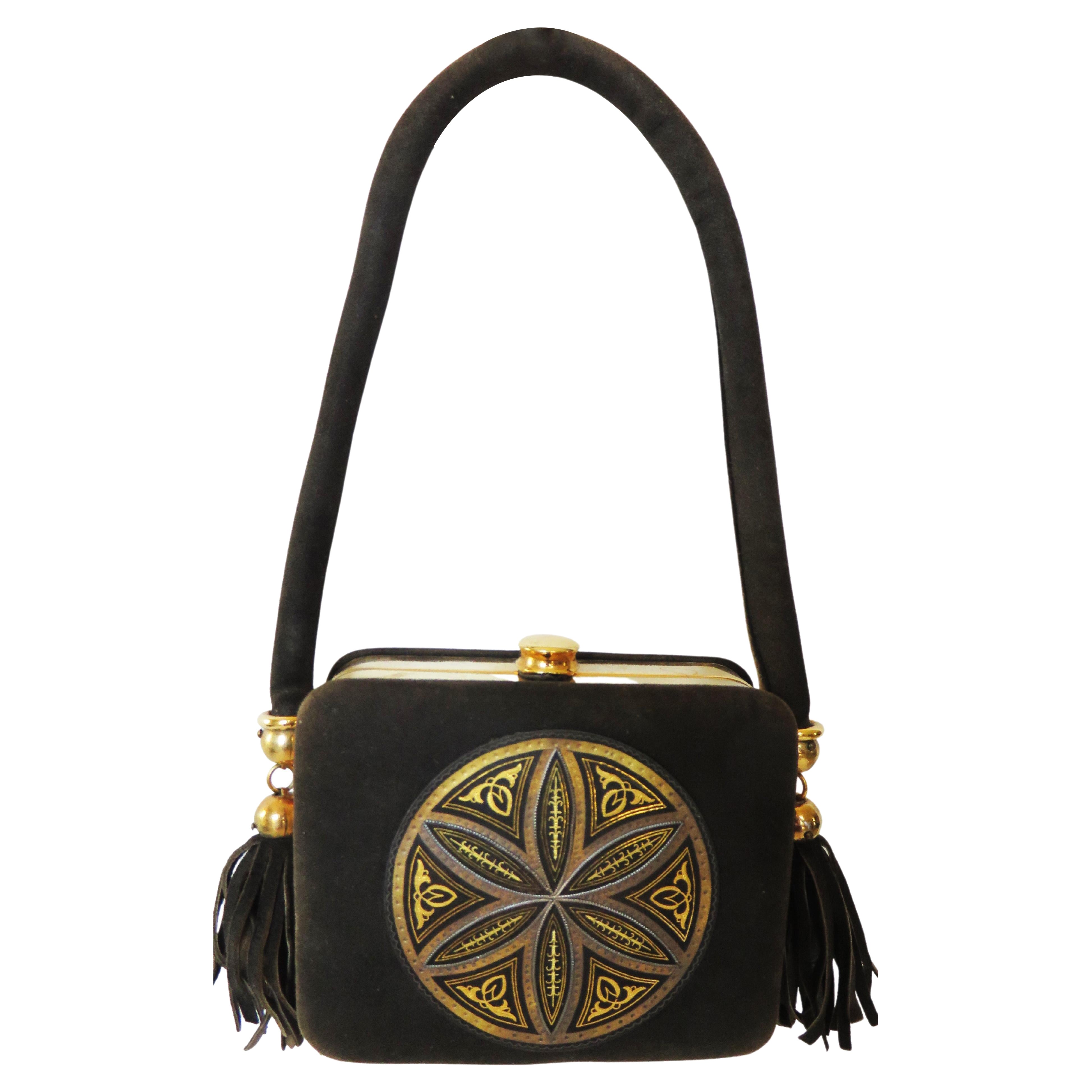 1950s Suede Minaudiere Compact Evening Bag with Medallion Front