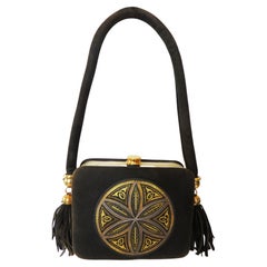 Vintage 1950s Suede Minaudiere Compact Evening Bag with Medallion Front