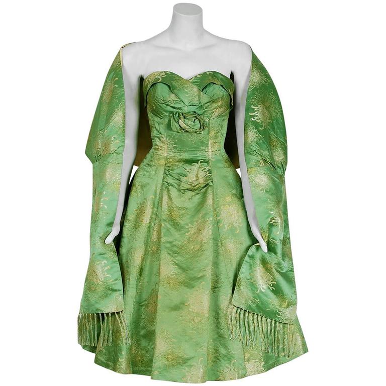 1950's SageGreen Metallic Floral Silk Strapless FullSkirt Party Dress