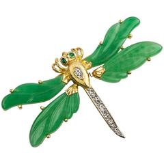 Hattie Carnegie Signed Tremblant  Faux Jade Dragonfly Brooch Pin