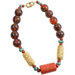 Fabulous Antique Tibetan Natural Amber Coral Turquoise Bead Necklace 4