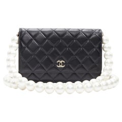 CHANEL 2021 XL pearl black quilted leather flap wallet on chain crossbody bag