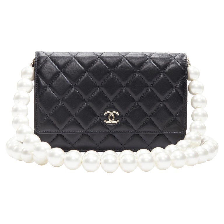 CHANEL 2021 XL pearl black quilted leather flap wallet on chain