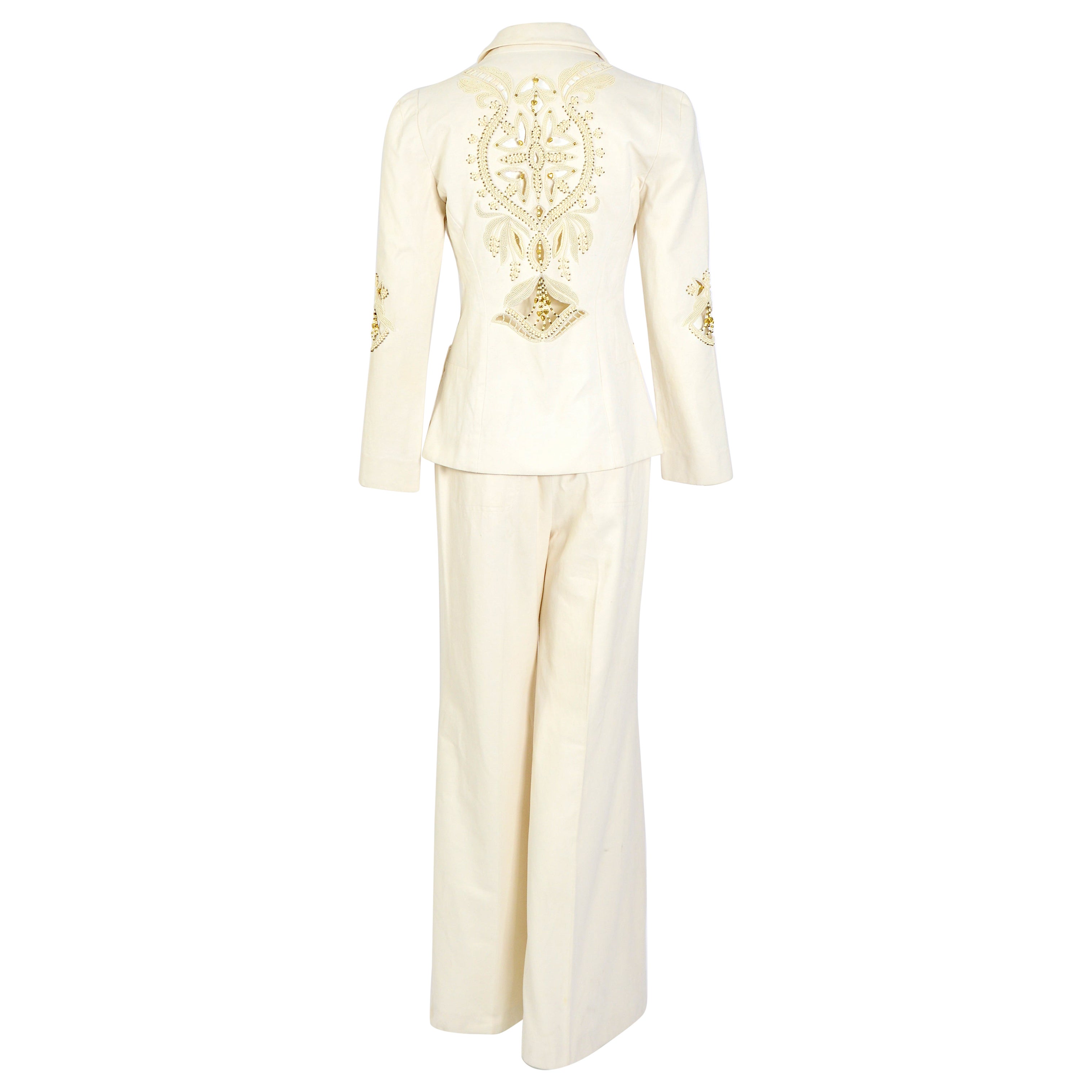 Chloé by Phoebe Philo vintage S/S 2002 embellished back and sleeves cream suit For Sale