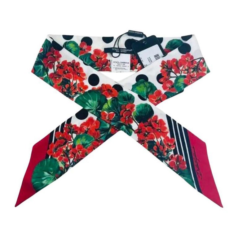 Dolce & Gabbana Red Silk Floral Mini Scarf Headscarf Tie DG Geranium Polkadot For Sale