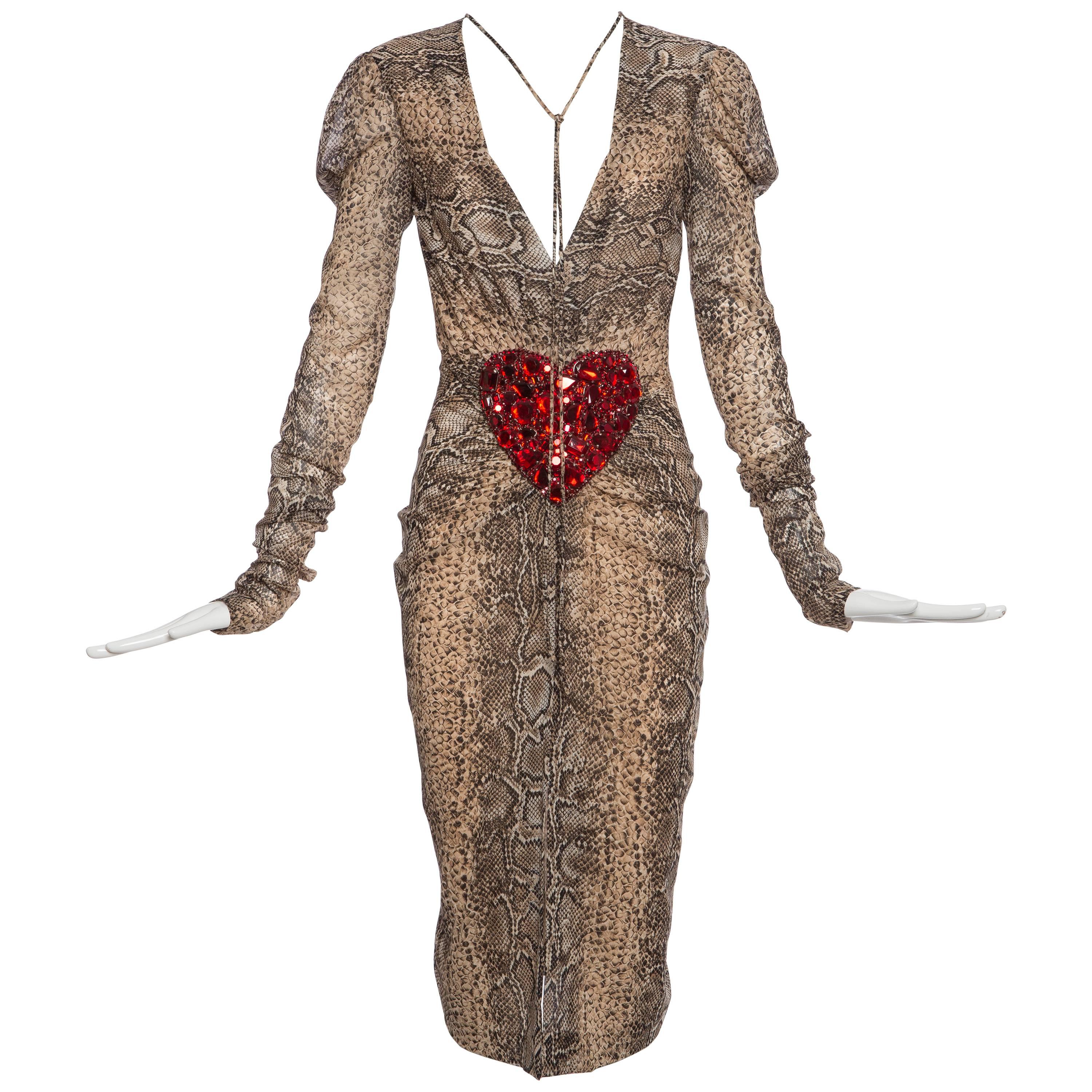Dolce & Gabbana Seidenkleid mit Schlangenmuster und Diamanté-Herz:: Frühjahr 2005