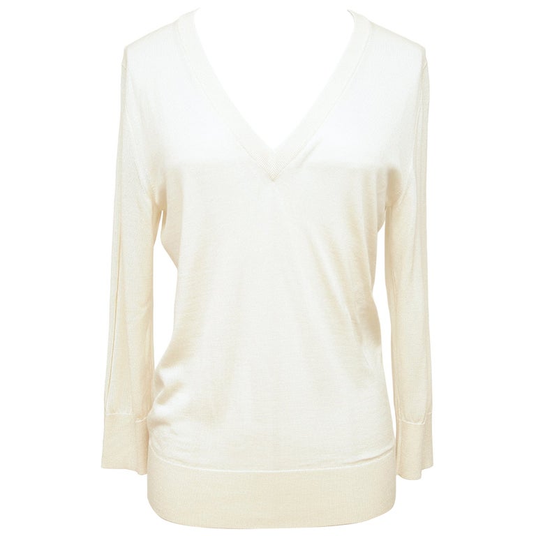 DOLCE and GABBANA Ivory Sweater Knit V-Neck 3/4 Sleeve Cashmere Silk Sz 42 For Sale at 1stDibs