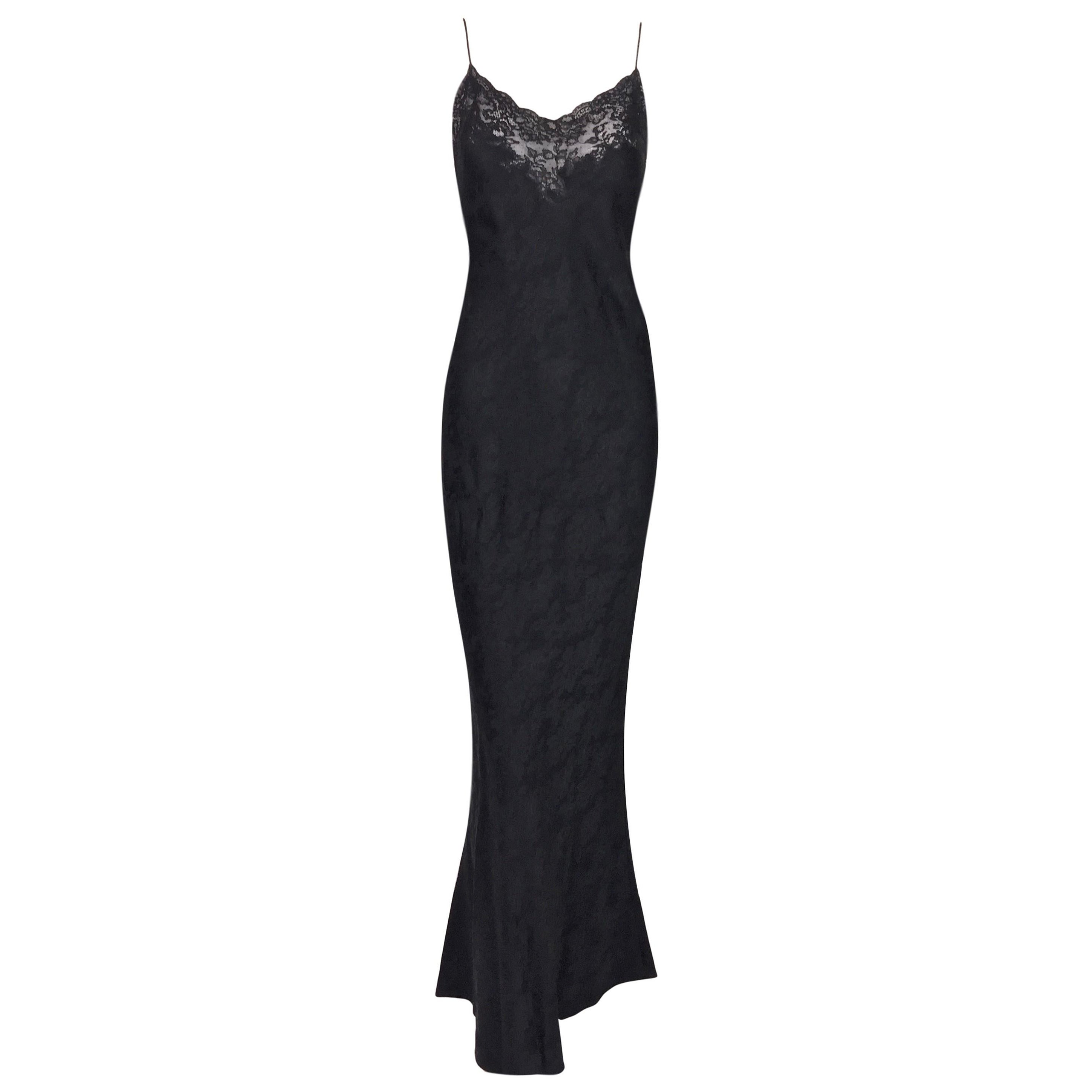 F/W 1998 Christian Dior John Galliano Sheer Lace Black Plunging Long Slip Dress For Sale