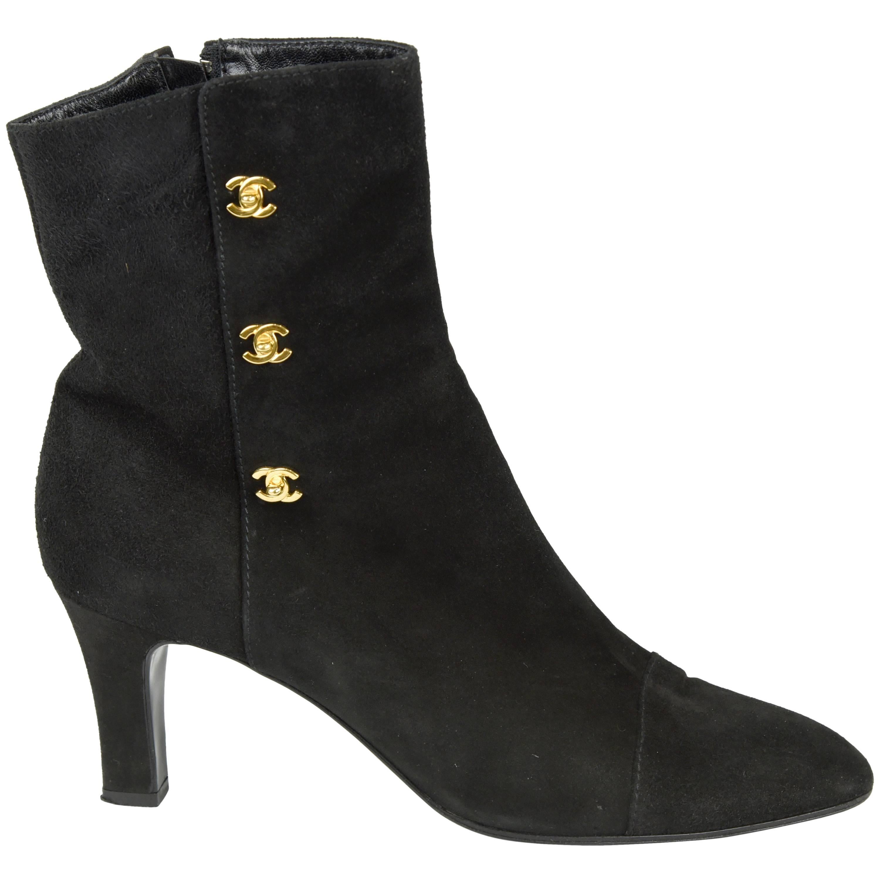 Chanel 1990s Black Suede Ankle Boots with 3 Gold "CC" Logo, Size 41 1/2 Pristine For Sale