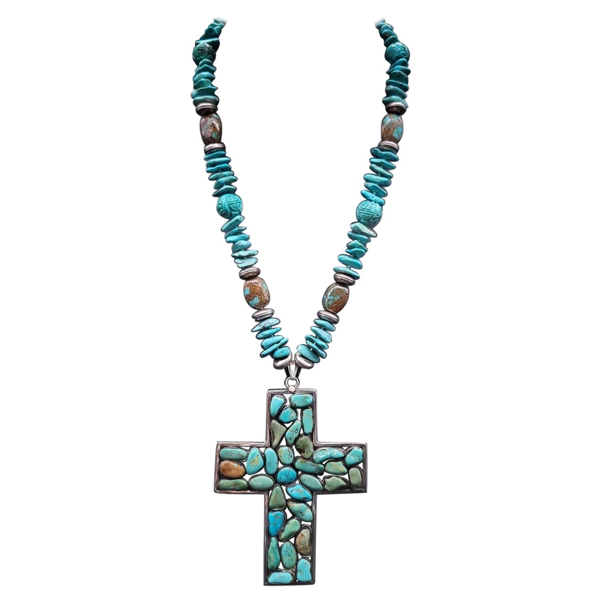 Exquisite lange türkisfarbene Kreuz-Anhänger-Halskette von A.Jeschel im Angebot