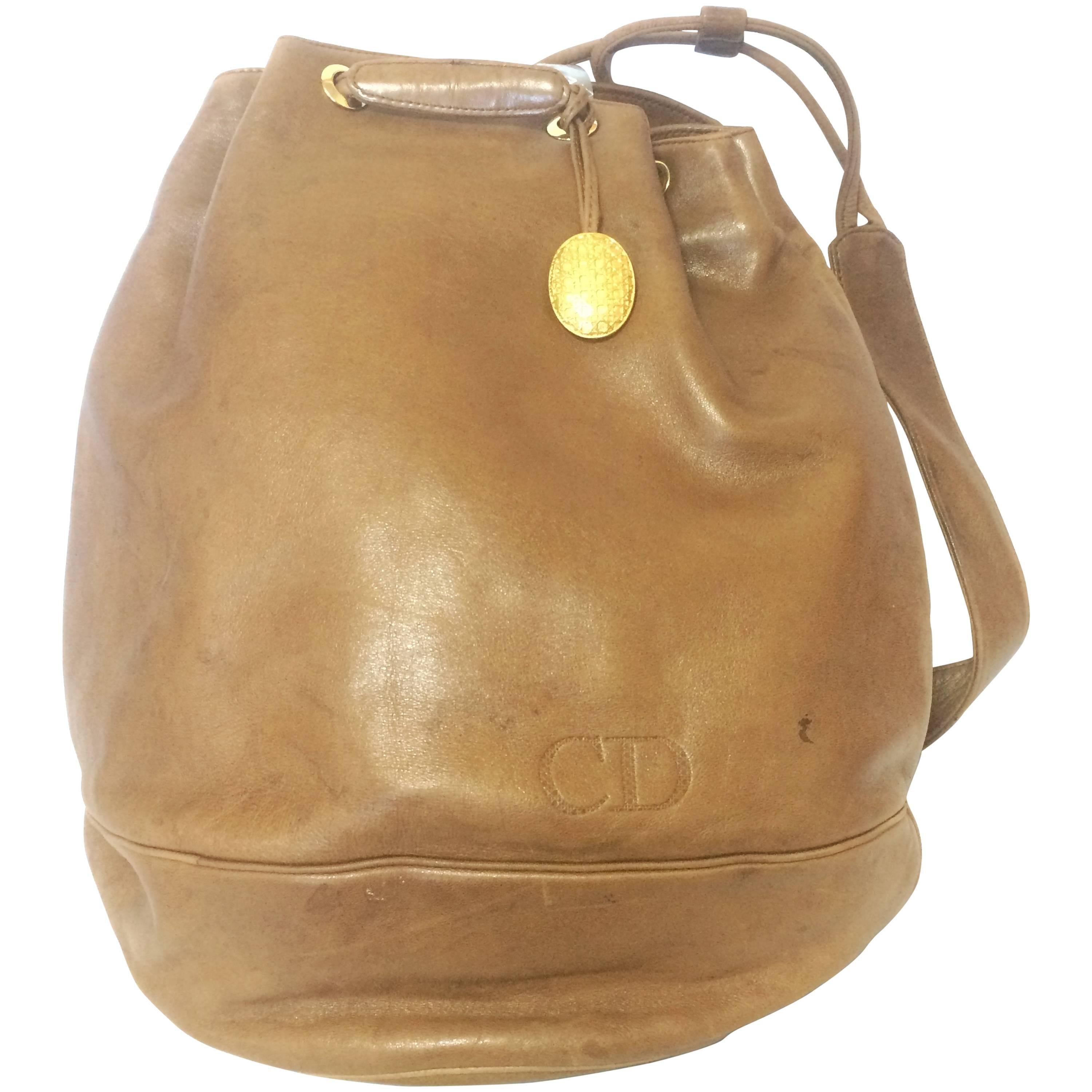 Vintage Christian Dior brown nappa leather backpack design, large hobo bag. For Sale